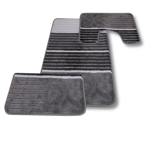 Szürke csíkos <br/>3 részes fürdőszoba szőnyeg szett